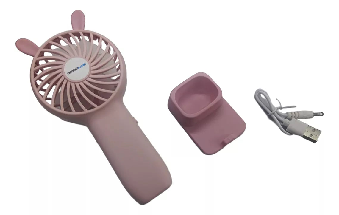 Mini Ventilador Portátil Recargable Con Base Rosado Tecnolab