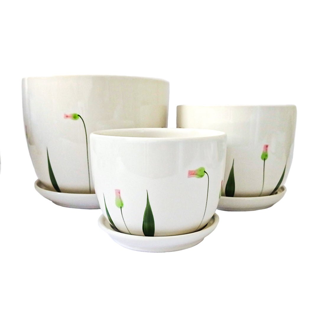 Set De Tres Maceteros Blancos Diseño Flores Verdes