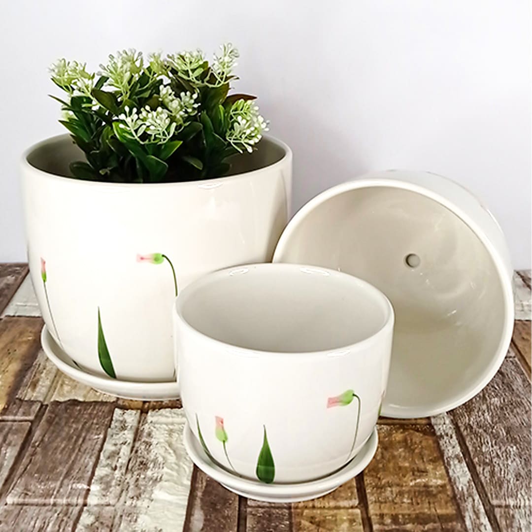 Set De Tres Maceteros Blancos Diseño Flores Verdes